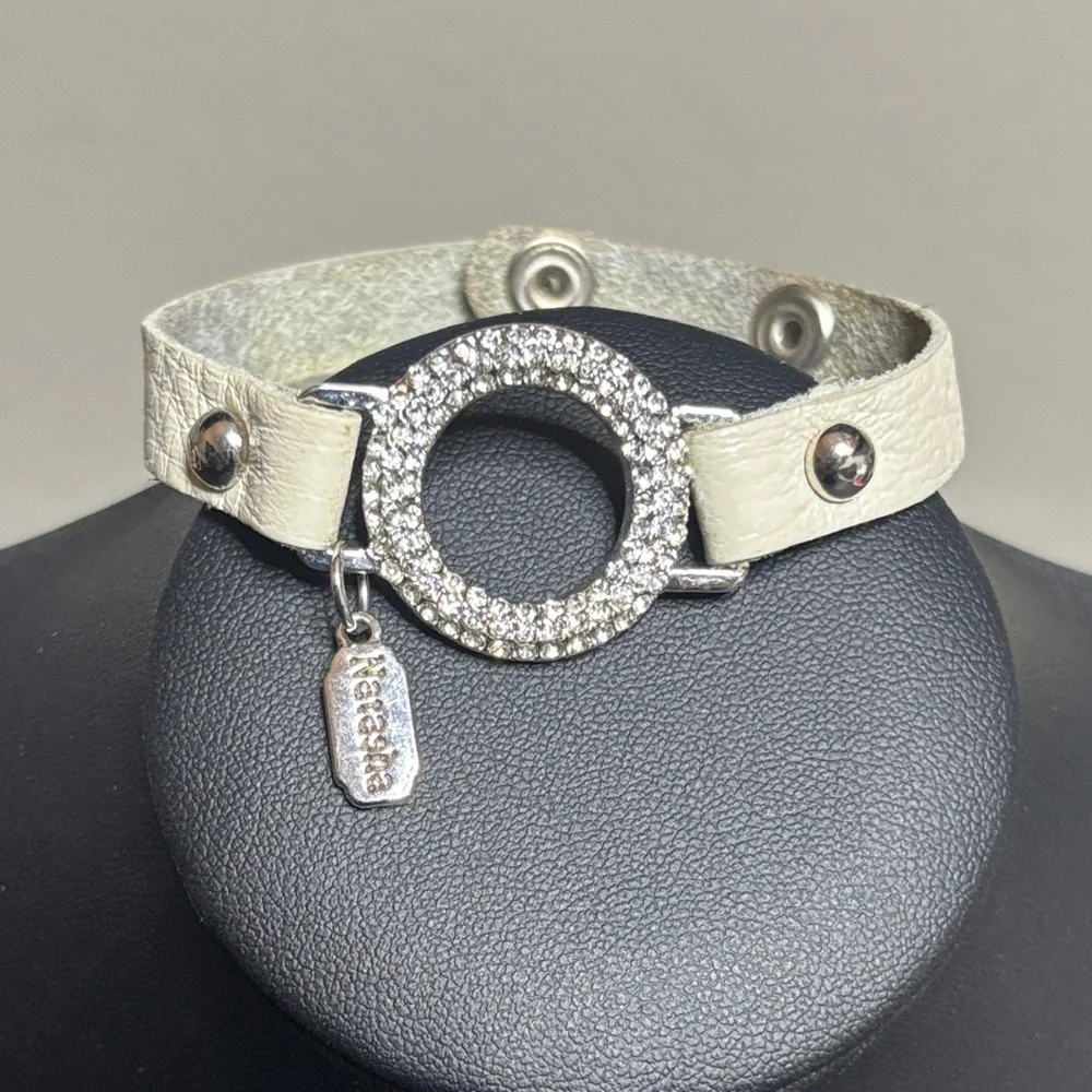 Natasha Couture Cream Leather Bracelet with Silver Crystal Circle